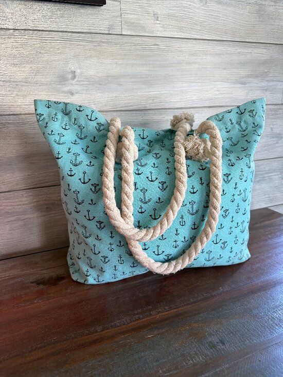 None Handbags - Nautical Beach Tote Blue Anchor Print Rope Handle Large Summer Bag